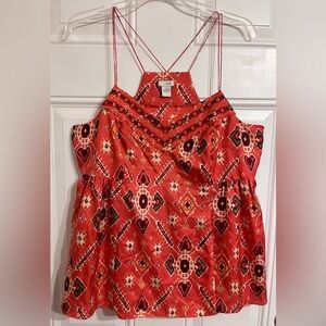 Odille Anthropologie 100% Silk Coral Ikat Print Camisole Embroidered Top Size 12